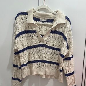 Universal Thread Cream and Navy Open-Knit V-Neck Polo Sweater
